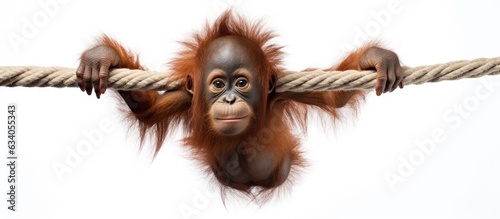 Baby Sumatran Orangutan on white background hanging from rope