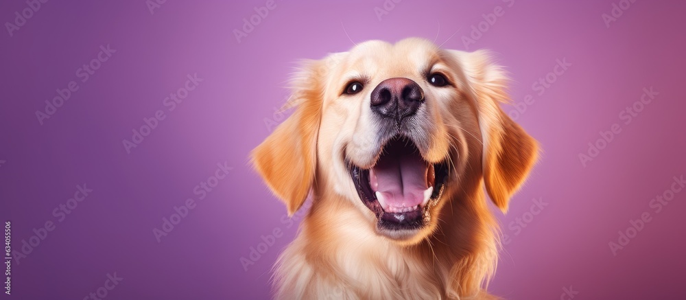 Dog with closed eyes and open mouth smiling blissfully on purple background in studio