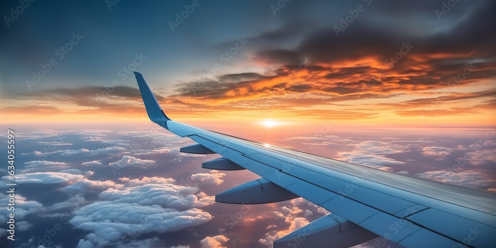 Airplane plane wing at sunset time through clouds. Airplane plane wing at sunset time through clouds.