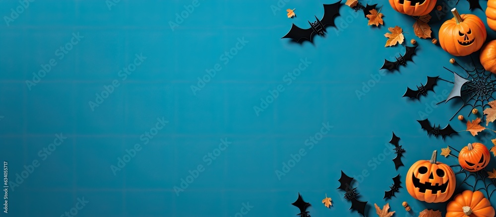 Halloween themed holiday decorations on a blue background Invitation card mockup for a party with copy space