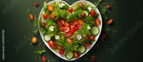 Heart shaped plate with fresh vegan salad and microgreen radishes