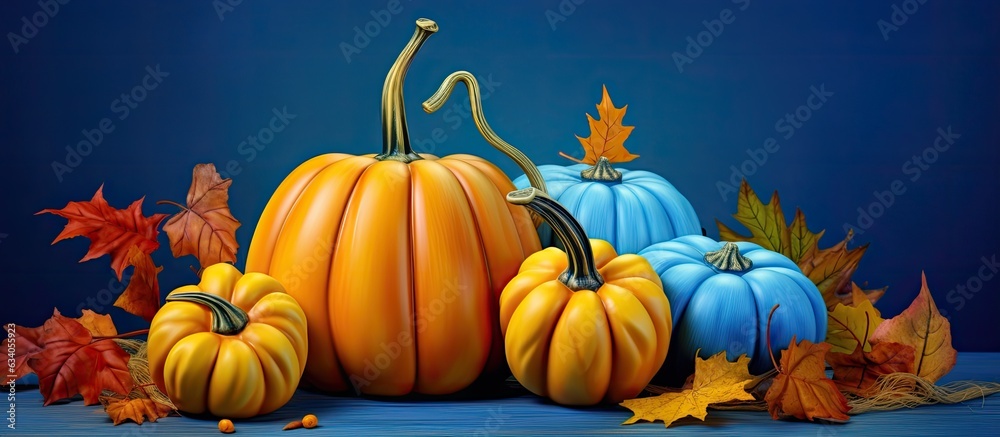 Naklejka premium Beautiful pumpkins with yellow leaves on blue background are in the corners