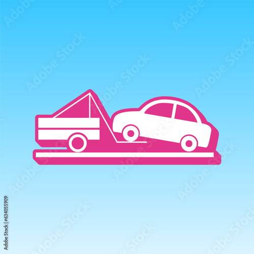 Tow truck sign. Cerise pink with white Icon at picton blue background. Illustration.