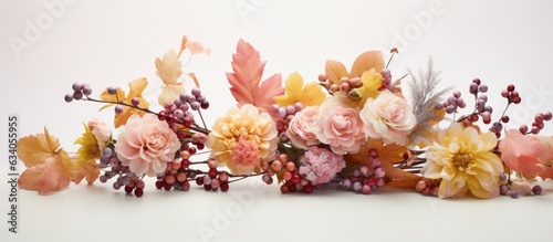 Floral decoration featuring autumn pastel colors and natural elements on a light background