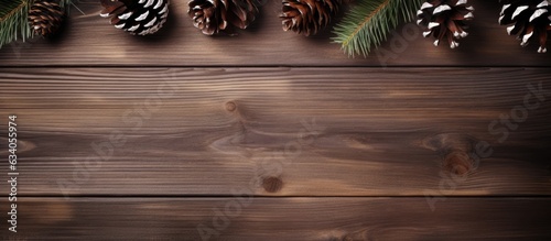 Simple winter holiday backdrop Fir tree elements on wood surface