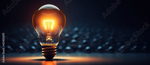 A single lightbulb shines amidst a group of off lights in a dark area providing space for creativity problem solving and outstanding ideas