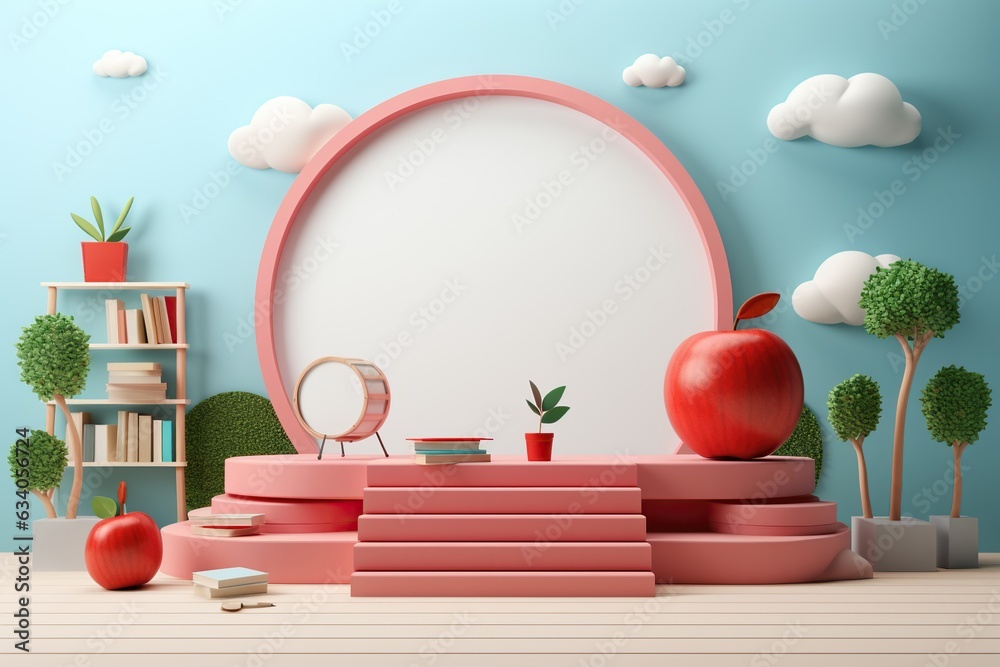 3D rendering, product presentation. Pink podium with stairs. stage for school products. Apple, plants drum on stage. Behind is bookcase with books and trees. blue sky with clouds on background. 3D rendering, product presentation. Pink podium with stairs. stage for school products. Apple, plants drum on stage. Behind is bookcase with books and trees. blue sky with clouds on background.