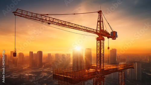 The crane is lifting the steel beam high into the air, industrial machinery stock photos