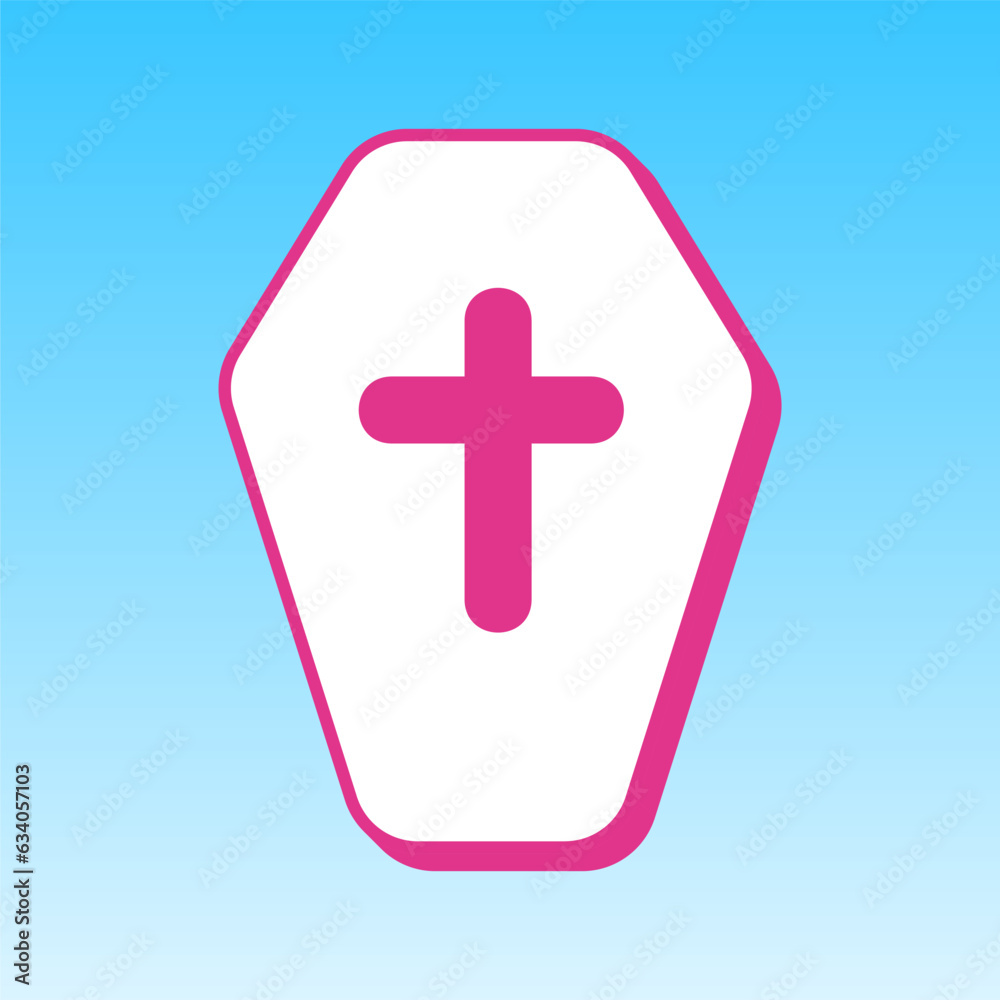 Obraz premium Wooden Coffin sign. Cerise pink with white Icon at picton blue background. Illustration.