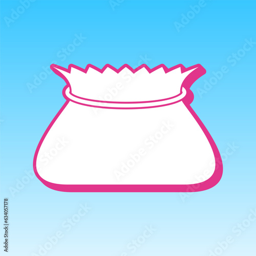 Tied pouch bag sign. Cerise pink with white Icon at picton blue background. Illustration.