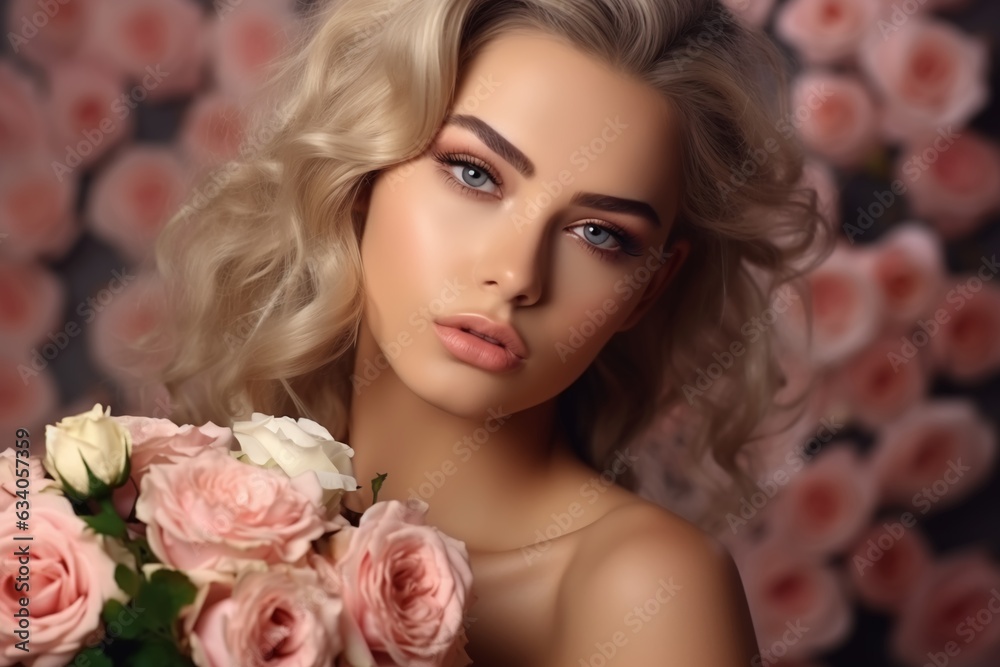Beautiful white girl with flowers. Stunning brunette girl with big bouquet flowers of roses. Closeup face of young beautiful woman with a healthy clean skin. Pretty woman with bright makeup Beautiful white girl with flowers. Stunning brunette girl with big bouquet flowers of roses. Closeup face of young beautiful woman with a healthy clean skin. Pretty woman with bright makeup