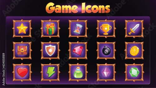 Fantasy RPG Icon Collection Unlock the Adventure of Game Assets Including Symbols of Power, Star, Gift Box, Bag , Badge Dimond, Skull Heart, Mysteries and Treasures Vector Set