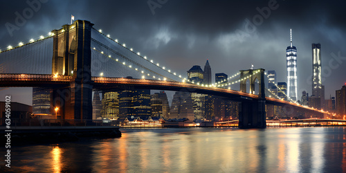 An Image Of The New York Bridge At Night Background ,City Lights Illuminating the Night © safia