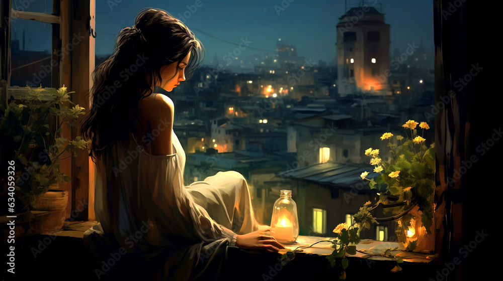 Woman sitting on the window at night