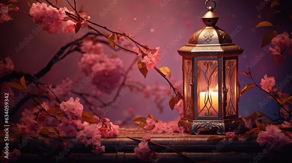vintage old fashion candle lantern in flower blossom woods at night time, fairytale romantic atmosphere, Generative Ai