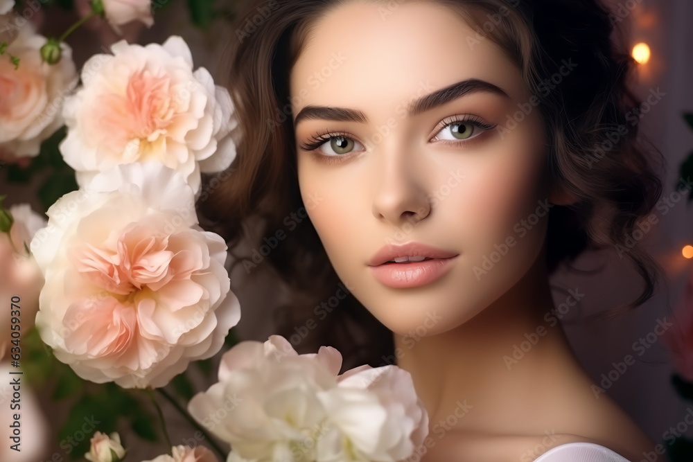 Beautiful white girl with flowers. Stunning brunette girl with big bouquet flowers of roses. Closeup face of young beautiful woman with a healthy clean skin. Pretty woman with bright makeup Beautiful white girl with flowers. Stunning brunette girl with big bouquet flowers of roses. Closeup face of young beautiful woman with a healthy clean skin. Pretty woman with bright makeup