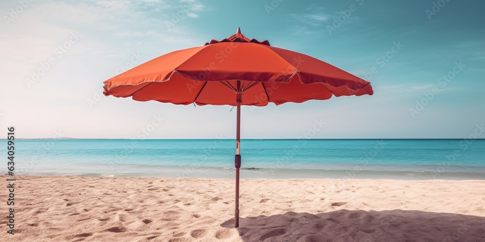 Beach umbrella on the sand with blue sky and sea background.