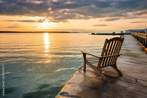 Wooden chair on the pier at sunset. Beautiful seascape.
