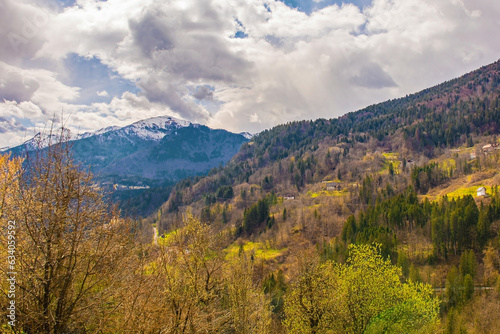 The early spring alpine landscape around the village of Mieli in Carnia  Udine Province  Friuli-Venezia Giulia  north east Italy