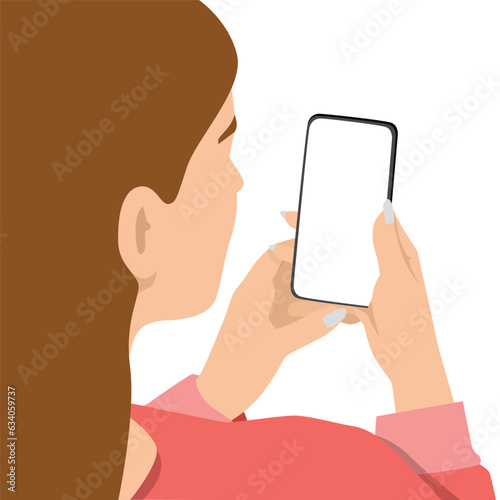 Woman holding smartphone, back view. Girl taking photo, selfie. Photo girl on phone. Phone, Internet User.