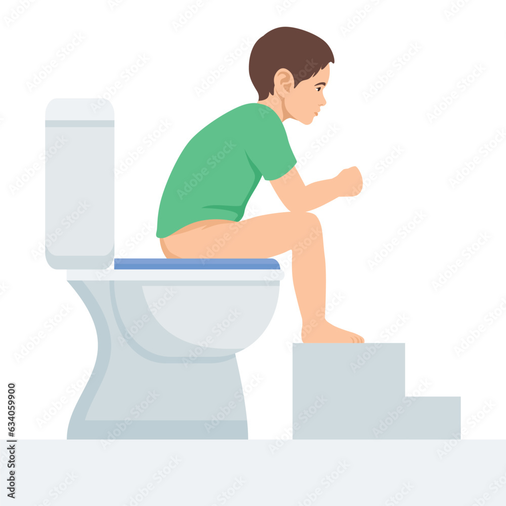 Baby boy sitting on toilet bowl in unhealthy posture vector illustration. Cartoon funny preschool kid training to use toilet with foot bench in restroom. - obrazy, fototapety, plakaty 