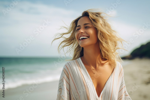 Breezy Beach Vibes: Humorous Blonde Lady Enjoying Herself