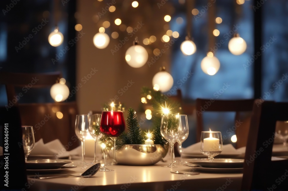 modern Christmas atmosphere during a family gathering. Shiny metallic surfaces and a Christmas table centerpiece catch the eye, illuminated by bright ceiling lights in the evening