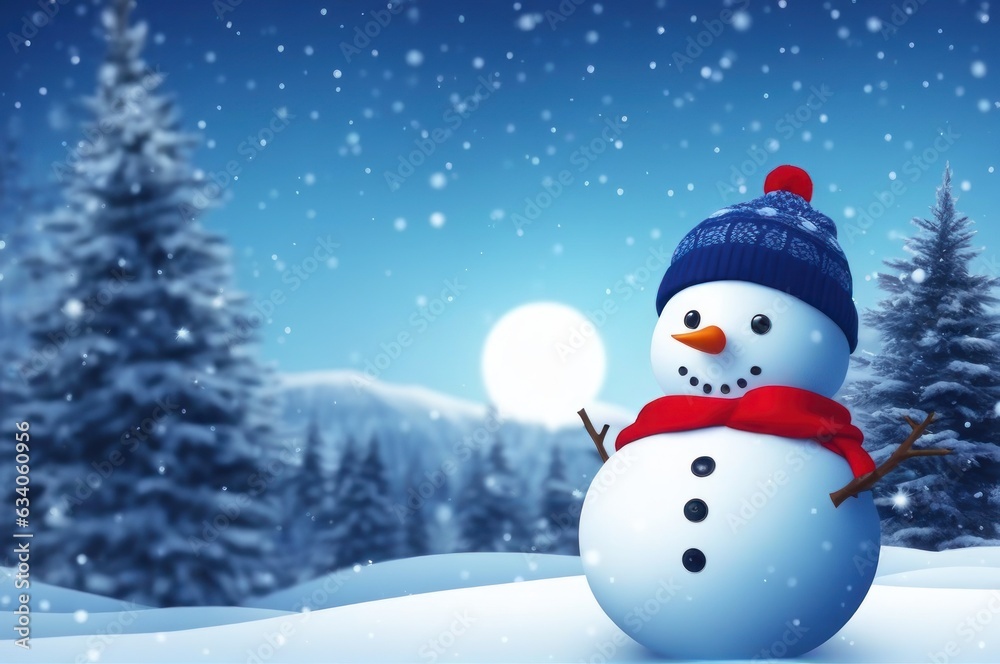 Merry christmas and happy new year greeting card with copy-space. Happy snowman standing in winter christmas landscape. Beautiful sky, sun, snowflakes Merry christmas and happy new year greeting card with copy-space. Happy snowman standing in winter christmas landscape. Beautiful sky, sun, snowflakes