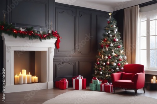 Decorative Noel and New Year interior living room concept, home style, furniture, Christmas tree. Happy new year at house concept.