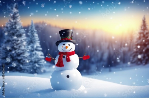 Merry christmas and happy new year greeting card with copy-space. Happy snowman standing in winter christmas landscape. Beautiful sky, sun, snowflakes © useful pictures