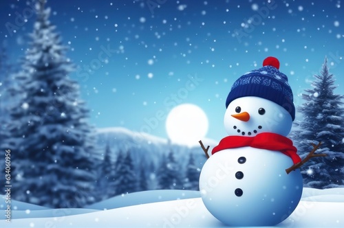 Merry christmas and happy new year greeting card with copy-space. Happy snowman standing in winter christmas landscape. Beautiful sky, sun, snowflakes