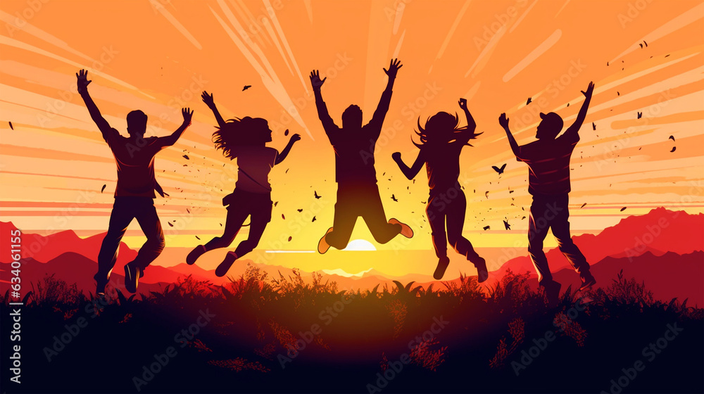 International Youth Day illustration of people jumping in sunset background - ai generative - obrazy, fototapety, plakaty 
