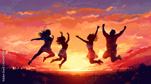 International Youth Day illustration of people jumping in sunset background - ai generative