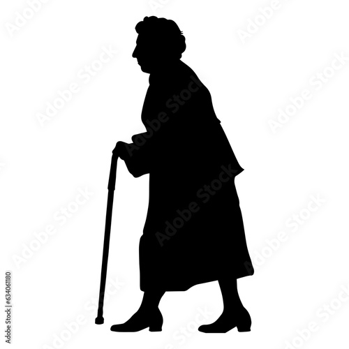 Vector illustration. Silhouette of a pensioner with a cane in his hand.