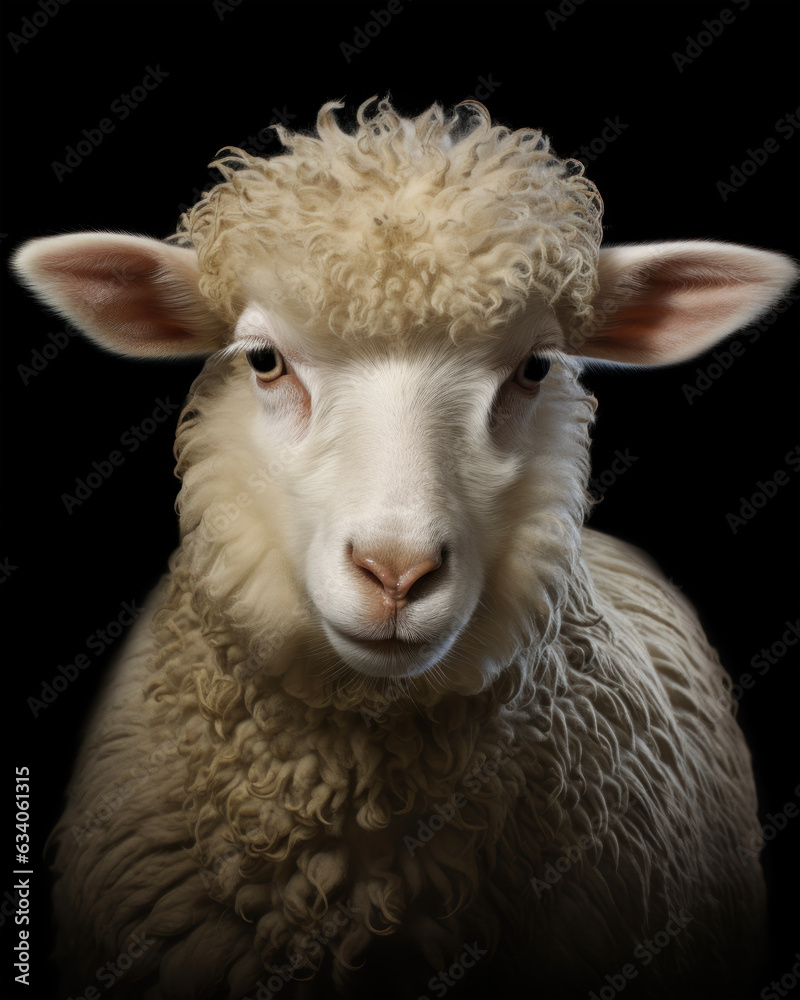 Generated photorealistic image of a small domestic sheep with yellow eyes 