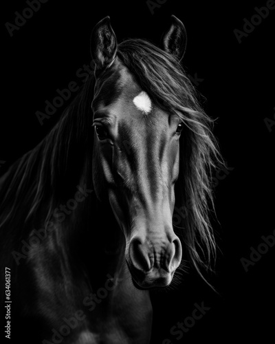 Generated photorealistic image of a domestic horse with developing mane in black and white format