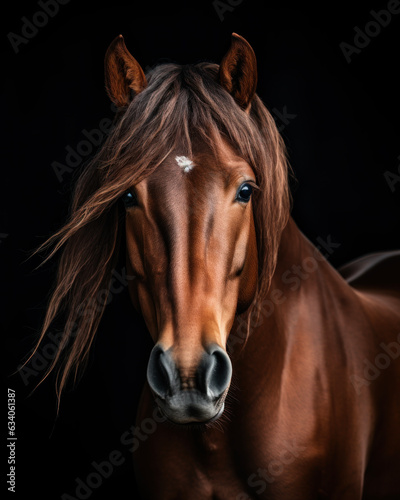 Generated photorealistic image of a bay horse with a developing mane