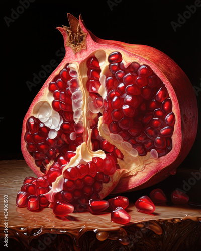 Generated photorealistic image of a ripe pomegranate with scattered seeds