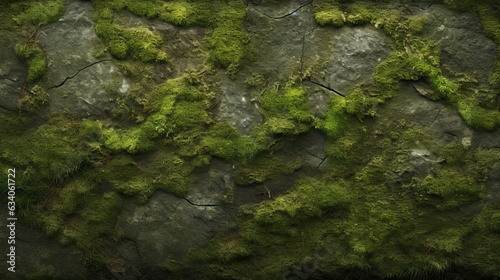 Patches of moss growing on a weathered gray stone wall.