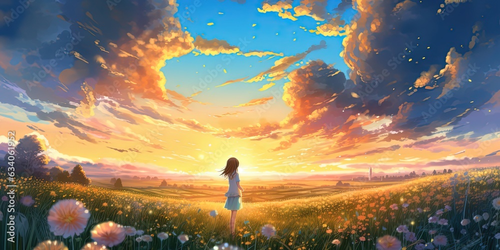 Φωτογραφία illustration of a girl standing in flower field under starfield sky, idea for ho