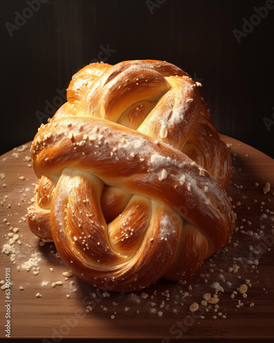 Generated photorealistic image of a braided pretzel with powdered sugar photo