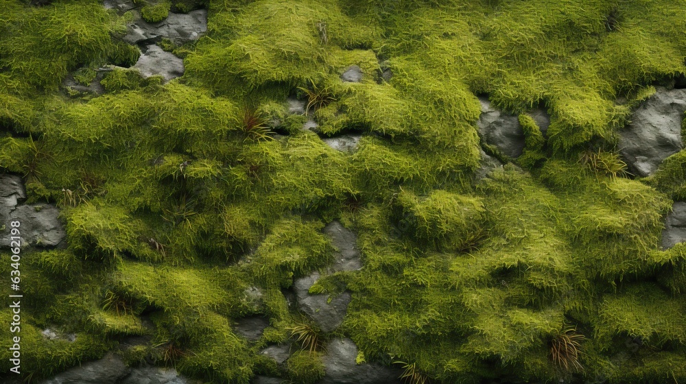 Patches of green moss covering a rocky stone wall.