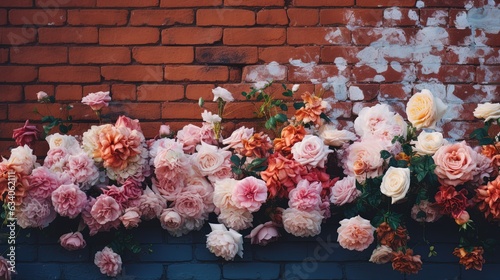 abstract background wallpaper of flower bouquet with rustic red brick wall, Generative Ai photo