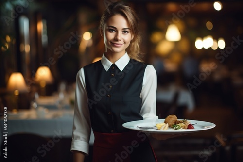 A beautiful young server  smiling waitress  in a restaurant  Generative Ai