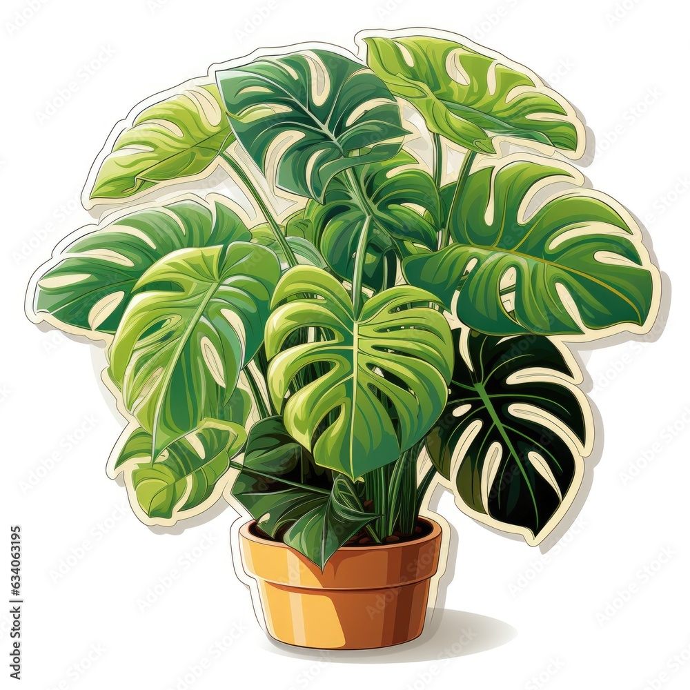 A potted plant with green leaves on a white background. Digital image.