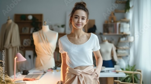 Beautiful Asian female entrepreneurs are making new clothing collections from her design with a modern.