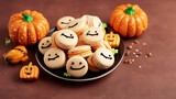 Macronen zu Halloween mit Gesichter Smileys schön dekoriert in Szene gesetzt als Poster, ai generativ