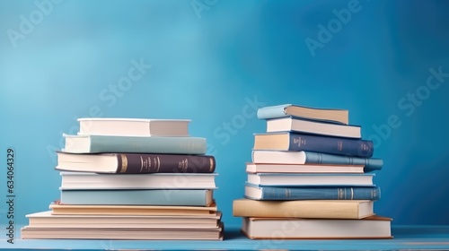 Heap of books against blue background.