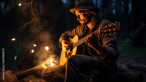 Bohemian man, mid - 30s, in a vintage hat and layered jewelry, strumming an acoustic guitar by a campfire, moody, under starlit night