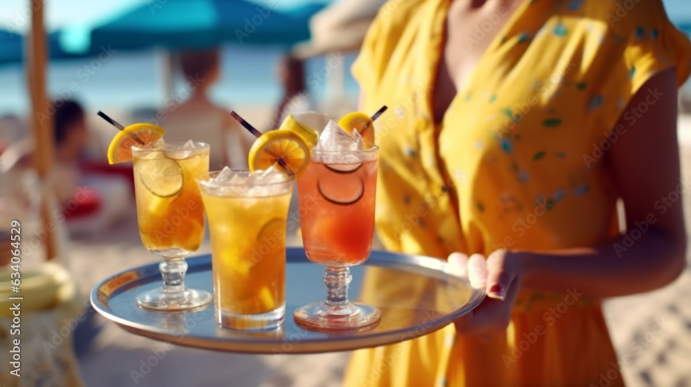 waitress serving cocktails on the beach. Generative Ai. 